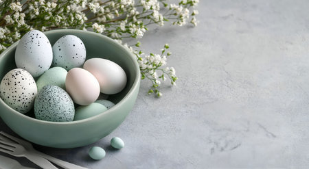 Pastel colored Easter eggs in a bowl, surrounded by delicate spring flowers. A festive and...