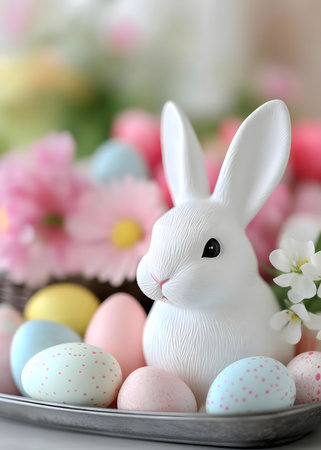 A charming white Easter bunny sits amidst pastel-colored eggs and delicate flowers, creating a festive and joyful spring scene.の写真素材