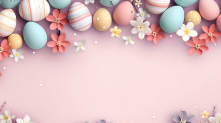 A festive Easter image with pastel-colored eggs and delicate spring flowers. Perfect for cards or...