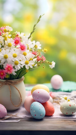 Pastel Easter eggs nestled amongst a charming bouquet of daisies, embodying the joy of springtime.