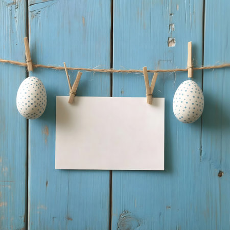 Two decorated easter eggs hanging on a string with a blank card. Blue background.の写真素材