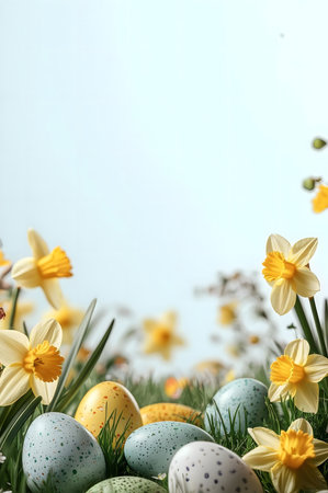 Delightful Easter eggs amongst blooming daffodils. A perfect spring scene.