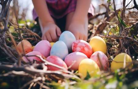 A child discovers a nest full of colorful Easter eggs outdoors. A joyful spring celebration.