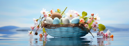 Pastel Easter eggs in a delicate bird's nest adorned with spring blossoms, floating serenely on calm...