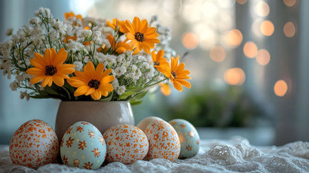 A charming Easter still life featuring a vase of spring flowers and delicately painted eggs.の写真素材