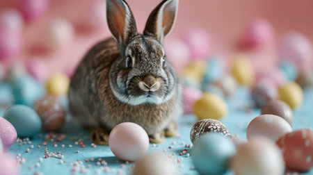 A charming Easter bunny surrounded by pastel-colored eggs and sprinkles.