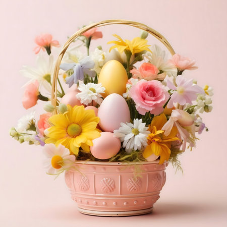 A pink pastel basket filled with colorful spring flowers and pastel-colored Easter eggs.の写真素材