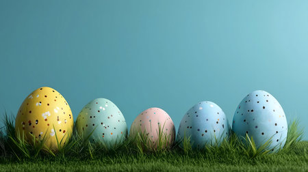 Five pastel-colored Easter eggs sit in green grass against a teal backdrop.