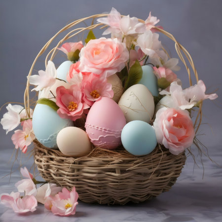 Pastel colored eggs nestled in a charming wicker basket, adorned with soft pink and white flowers. A...
