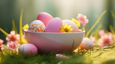 A charming image of pastel Easter eggs in a pink bowl surrounded by spring flowers and grass....