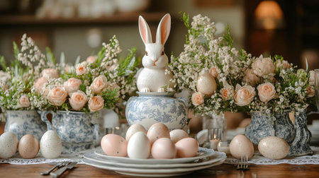 A charming Easter table setting featuring pastel roses, a ceramic bunny, and speckled eggs.