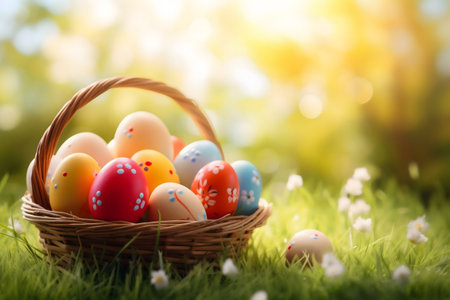 A wicker basket filled with colorful Easter eggs sits in a sunny spring meadow.