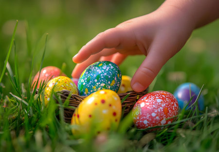 A small hand reaches for colorful Easter eggs in a grass nest.
