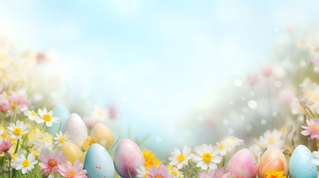 Pastel Easter eggs nestled amongst blooming daisies in a vibrant spring meadow. A perfect image for...