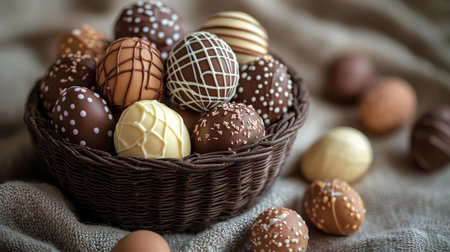 A rustic brown wicker basket overflowing with various chocolate Easter eggs, each uniquely...