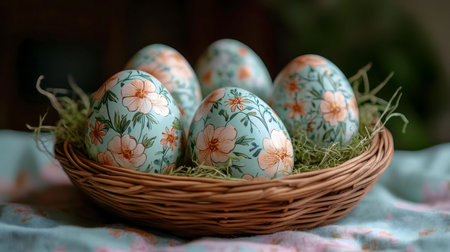 Five delicately painted Easter eggs, showcasing floral patterns, rest in a charming wicker basket. A...