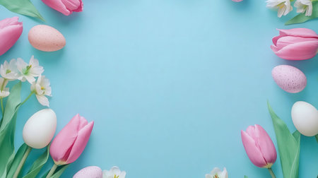 A delightful Easter arrangement featuring pink tulips, pastel eggs, and delicate white flowers on a light blue backdrop.の写真素材
