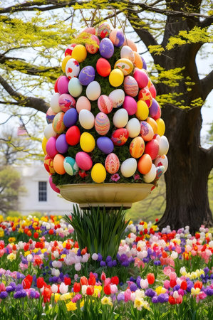 A vibrant Easter egg tree stands proudly amidst a sea of colorful tulips, creating a breathtaking springtime scene.の写真素材