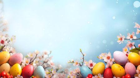 Colorful Easter eggs nestled amongst delicate spring blossoms. A festive image perfect for cards or...