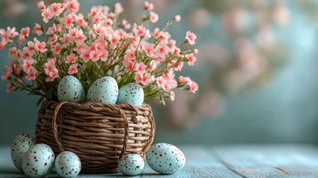 A charming Easter scene featuring pastel eggs and pink flowers in a rustic basket. Perfect for spring celebrations.の写真素材