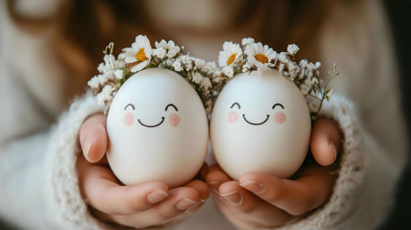 Two cheerful eggs with flower crowns held in gentle hands. Easter joy!の写真素材