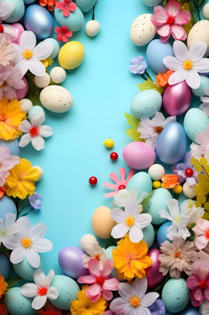 A delightful image of colorful Easter eggs and vibrant flowers arranged on a blue background, celebrating the Easter holiday.の写真素材