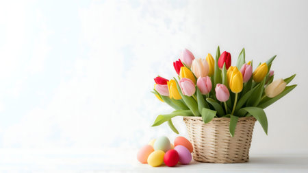 A wicker basket filled with colorful tulips sits next to pastel Easter eggs. A perfect spring scene.の写真素材