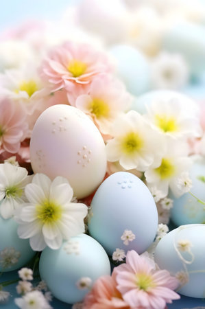 Pastel-colored Easter eggs nestled among delicate spring flowers. A soft, romantic image celebrating...