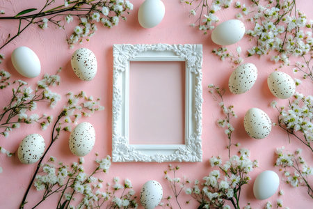 Pastel pink background with white eggs, delicate flowers, and a white ornate frame. Perfect for...