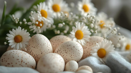 Speckled Easter eggs rest gently amongst a cluster of delicate white daisies, creating a springtime...