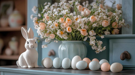 Pastel Easter eggs, a white bunny, and a lovely floral arrangement create a peaceful springtime...