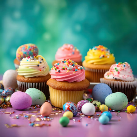 Vibrant Easter cupcakes adorned with colorful sprinkles and pastel eggs. A delightful spring treat!の写真素材