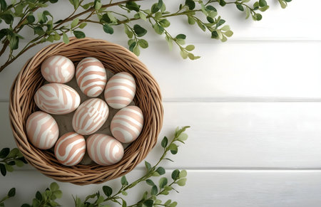 Pastel Easter eggs in a rustic wicker basket, adorned with fresh greenery on a white wooden surface.