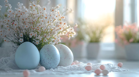 Pastel Easter eggs nestled among delicate white flowers, creating a serene and festive scene.の写真素材