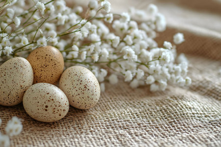 Close-up of speckled Easter eggs nestled among delicate white baby's breath flowers on rustic...