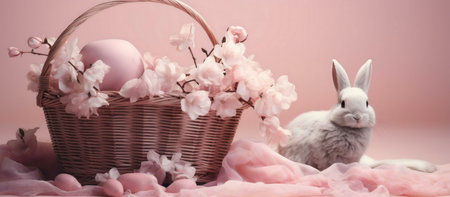 A fluffy bunny sits beside a pink wicker basket filled with pastel eggs and delicate pink blossoms....