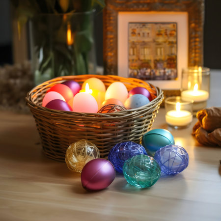 A wicker basket filled with pastel eggs and lit candles, creating a warm and festive Easter scene.