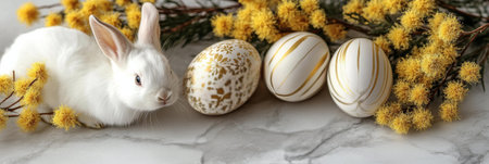 A charming white bunny sits amidst golden decorated Easter eggs and bright yellow mimosa flowers....