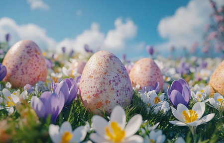 Painted easter eggs nestled amongst vibrant spring flowers in a sunny meadow.の写真素材