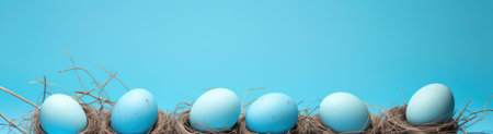 Five light blue Easter eggs rest in a bird's nest against a vibrant blue backdrop. A serene and peaceful image.の写真素材