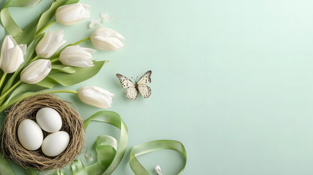 A serene Easter scene featuring white tulips, a bird's nest with eggs, and a butterfly on a pastel...
