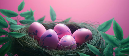 Five pastel pink Easter eggs with delicate floral designs rest in a cozy bird's nest surrounded by...