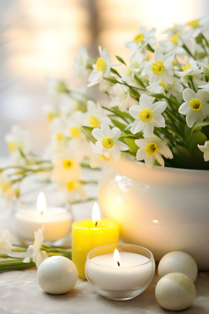 A beautiful spring scene with daffodils in a white vase, surrounded by lit candles and white eggs....