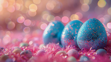 Three glittery blue Easter eggs nestled in pink decorations. A festive springtime scene.の写真素材