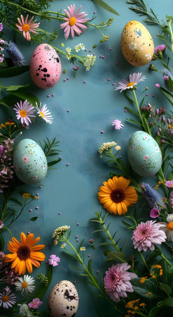 Pastel Easter eggs nestled amongst vibrant spring flowers. A delightful springtime image.