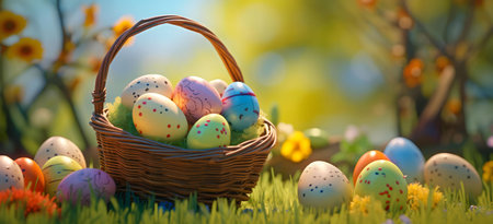 A wicker basket filled with colorful Easter eggs sits in a vibrant spring garden.