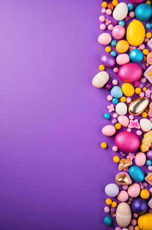 A vibrant image of Easter eggs and candies arranged on a purple backdrop. Perfect for Easter...