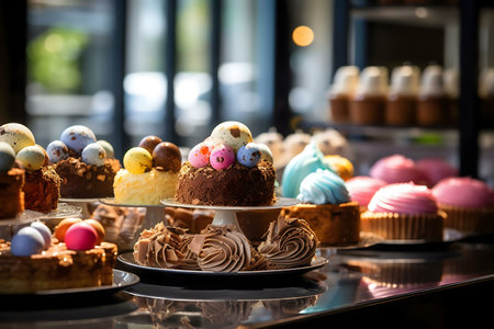 Assortment of Easter cakes and pastries, decorated with pastel-colored eggs and chocolate. A delicious spring treatの写真素材