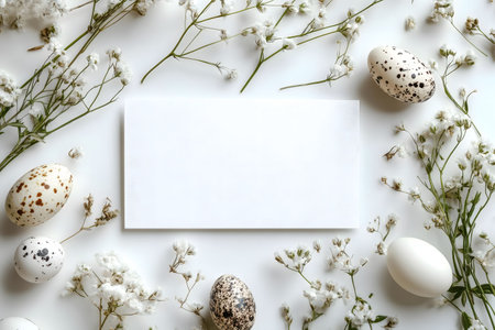 Blank card surrounded by white flowers and speckled eggs. Perfect for Easter and spring designs.の写真素材
