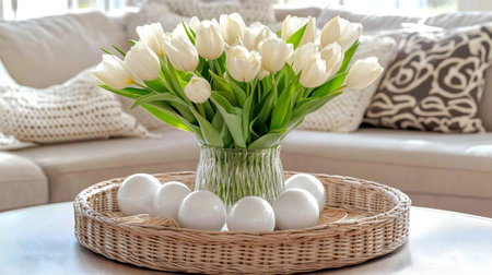 A beautiful arrangement of white tulips in a glass vase, sits on a wicker tray with decorative white...